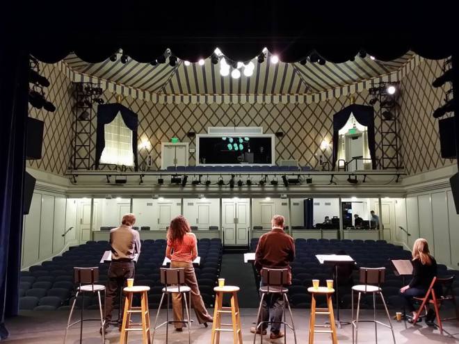 The cast of Turing Test checking out the sound before the reading.