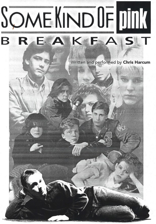 Promotional artwork for 'Some Kind of Pink Breakfast,' featuring a collage of black and white images of young individuals along with the title and credit for Chris Harcum.